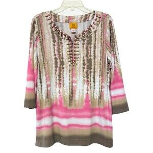 Ruby Rd. Women's Multicolor 3/4 Sleeve Pullover Top Blouse w Beaded Neckline M
